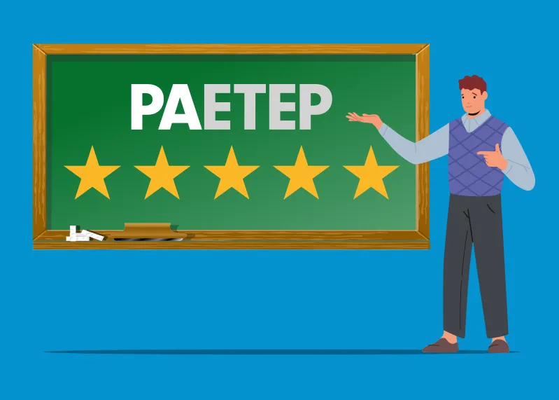 Illustration of a male teacher in front of a blackboard with PAETEP logo and 5-star rating