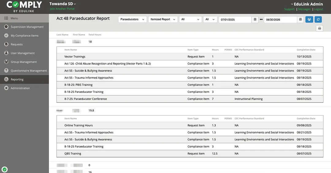 Towanda Area School District Paraeducator Report Screen Towanda Area School District Paraeducator Report Screen in Comply