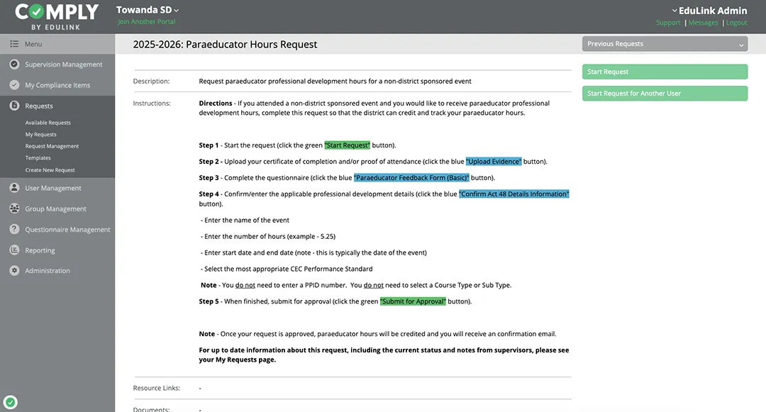 Towanda Area School District Paraeducator Hours Request Screen Towanda Area School District Paraeducator Hours Request Screen in Comply