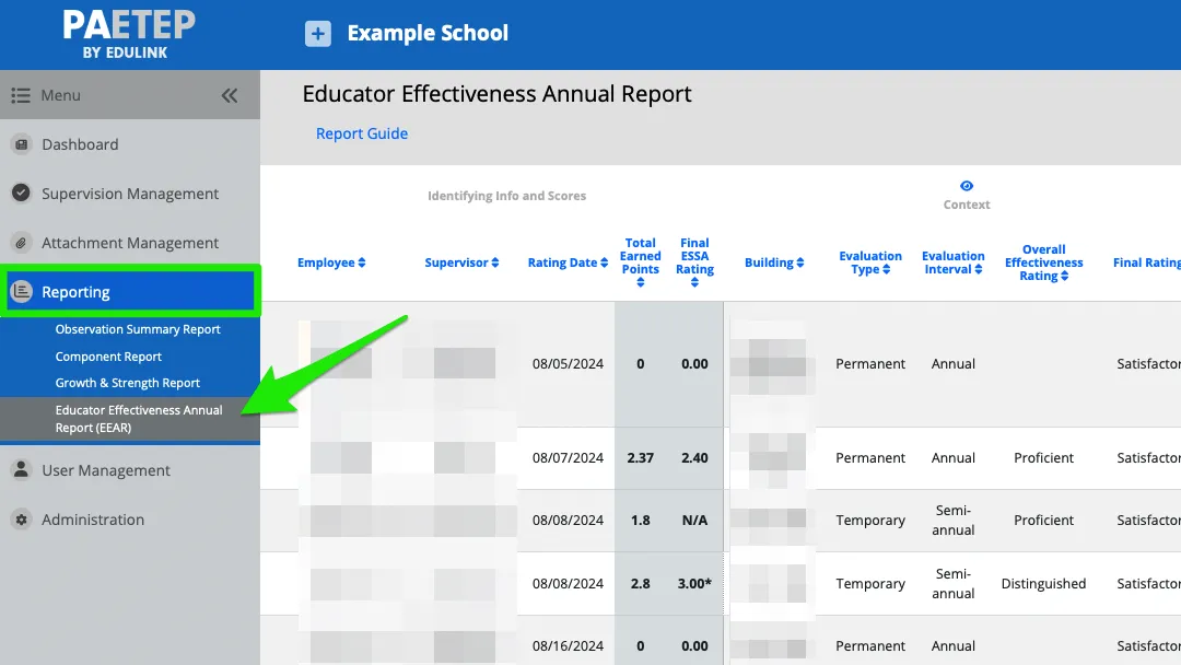 PAETEP streamlines the process by automatically summarizing the data, allowing school administrators to efficiently generate and submit their EEARs Educator Effectiveness Annual Report Screen in PAETEP