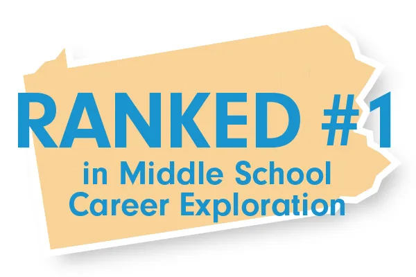 Pennsylvania map with "Ranked 1st in Middle School Career Exploration" over top of it