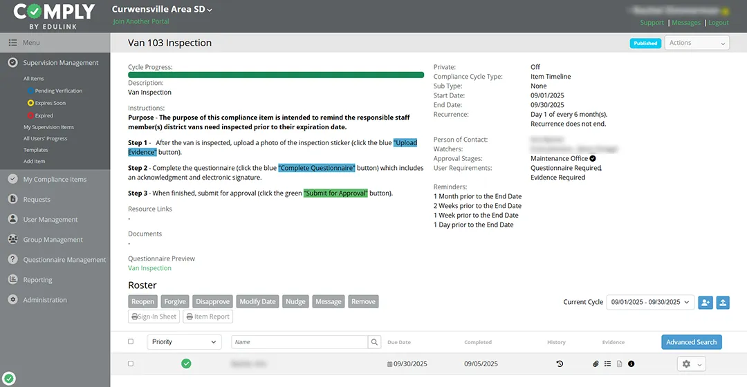 Curwensville Van 103 Inspection Screen in Comply Curwensville Van 103 Inspection Screen