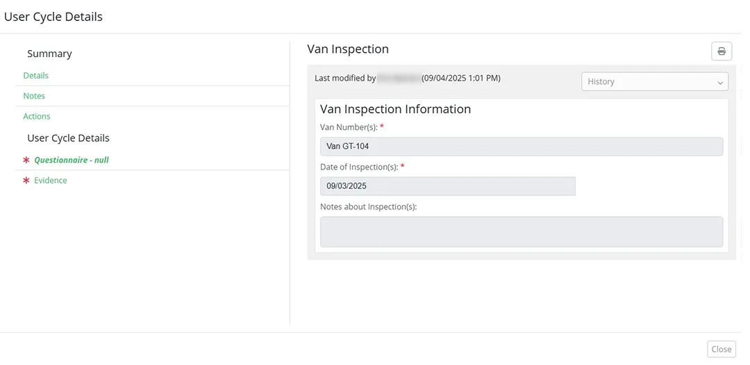 User Cycle Details and Van Inspection Screen in Comply User Cycle Details and Van Inspection Screen
