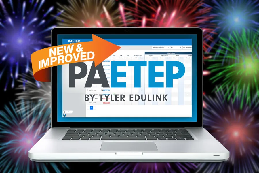 Laptop with PAETEP logo and "New & Improved" over fireworks background
