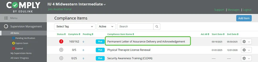 "Permanent Letter of Assurance Delivery and Acknowledgement" in Comply Midwestern IU 4 Comply Screen showing a Compliance Items List with "Permanent Letter of Assurance Delivery and Acknowledgement" highlighted