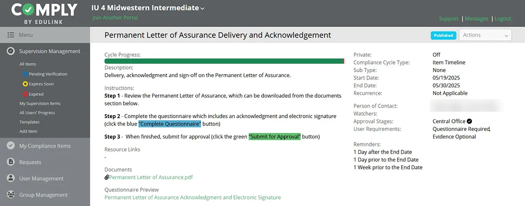 "Permanent Letter of Assurance Delivery and Acknowledgement" options in Comply Permanent Letter of Assurance Delivery and Acknowledgement screen in Comply showing cycle progress