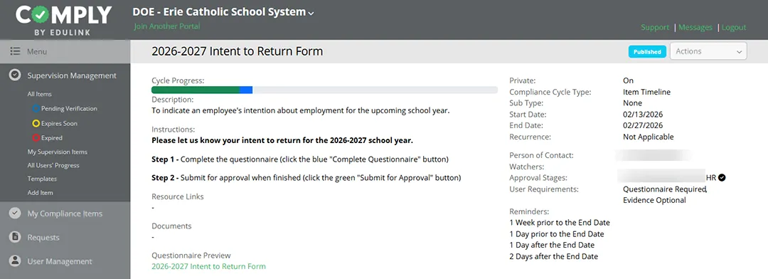 Erie Catholic Intent to Return Erie Catholic Intent to Return form as shown in Comply