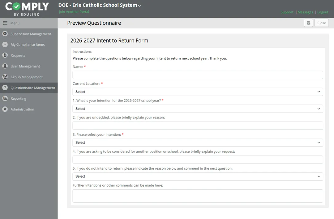 Erie Catholic Intent to Return questionnaire Erie Catholic Intent to Return questionnaire as shown in Comply