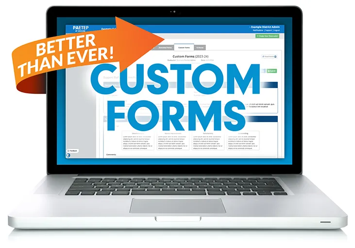 Laptop computer with Custom Forms screen and an arrow reading "BETTER THAN EVER!"