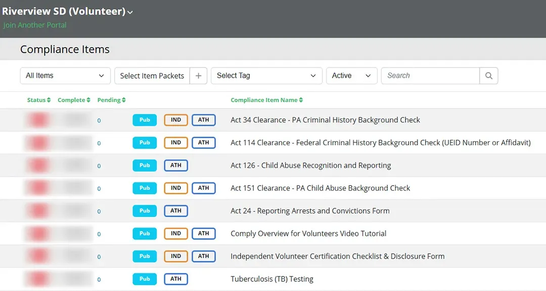 Centralizing the Entire Volunteer Lifecycle from Registration through Approval Riverview School District Volunteer Compliance Items in Comply