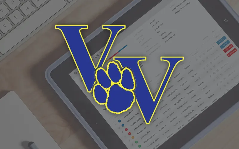 Valley View School District Logo superimposed over a tablet showing a Comply screen