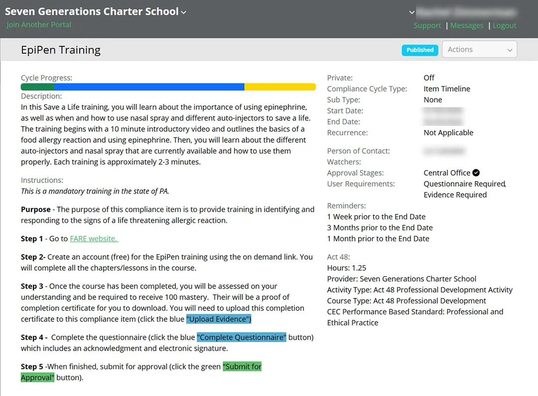 Seven Generations Charter School's EpiPen Training Seven Generations Charter School's EpiPen Training Screen in Comply